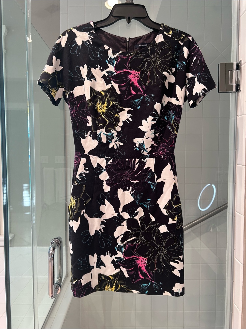 French Connection Black Floral Shift Dress with Multicolor Accents